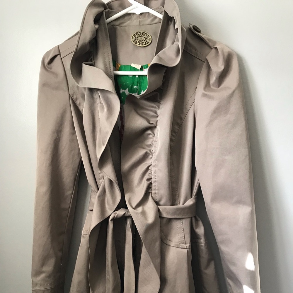 Anthropologie khaki ruffle trench coat